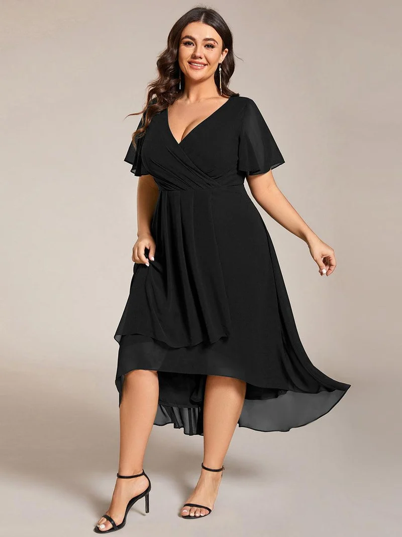pretty LARK|Grande Taille Robe Dinvit De Mariage Mi-Longue Plisse En Mousseline De Soie Manches Courtes Et Col En V De