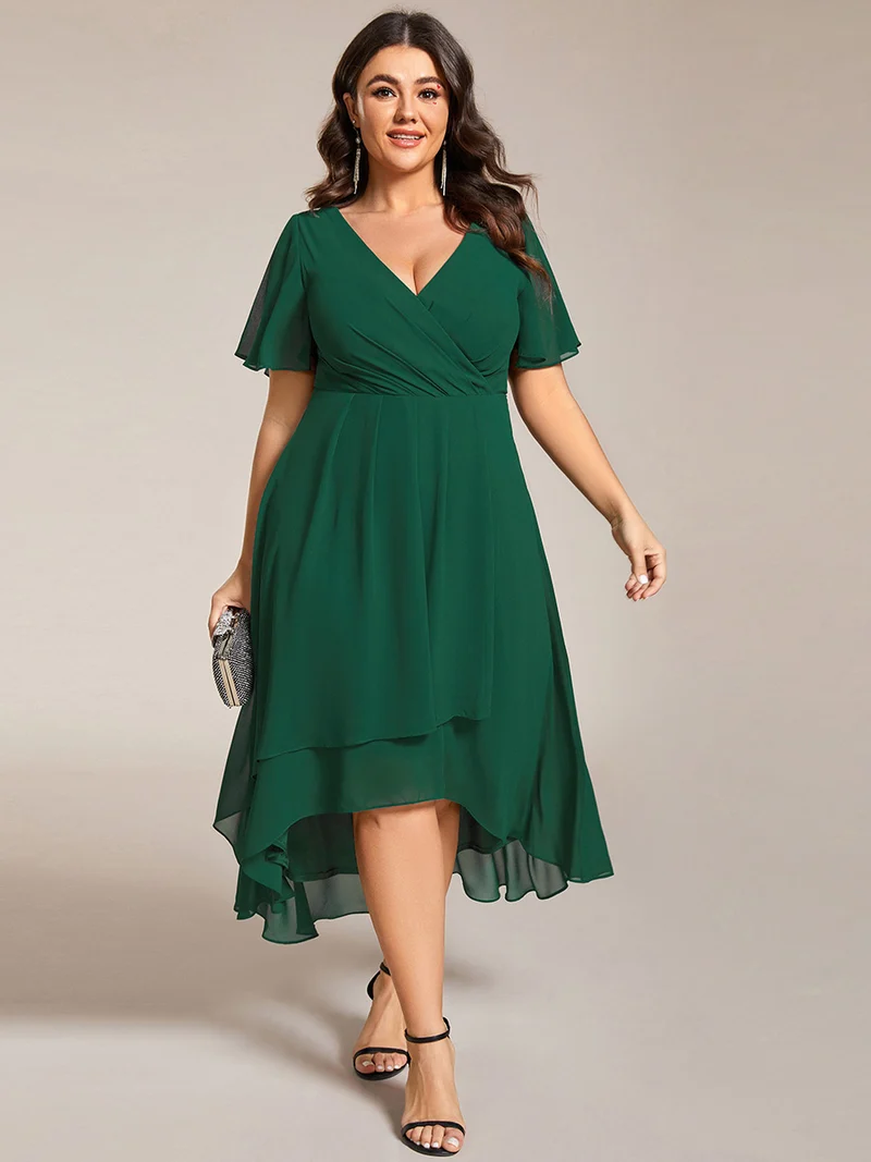 pretty LARK|Grande Taille Robe Dinvit De Mariage Mi-Longue Plisse En Mousseline De Soie Manches Courtes Et Col En V De