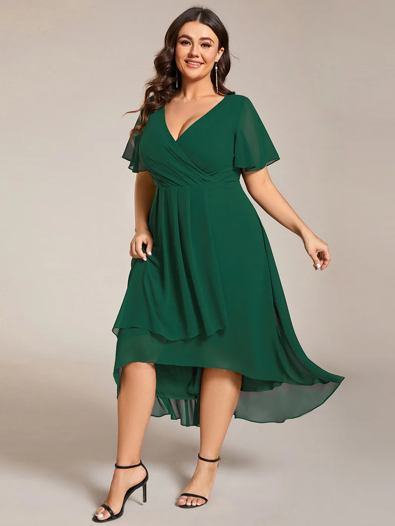 pretty LARK|Grande Taille Robe Dinvit De Mariage Mi-Longue Plisse En Mousseline De Soie Manches Courtes Et Col En V De