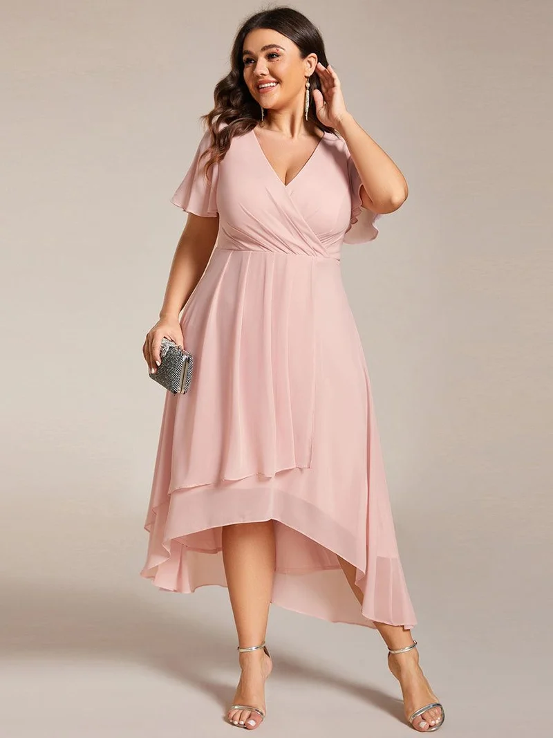pretty LARK|Grande Taille Robe Dinvit De Mariage Mi-Longue Plisse En Mousseline De Soie Manches Courtes Et Col En V De