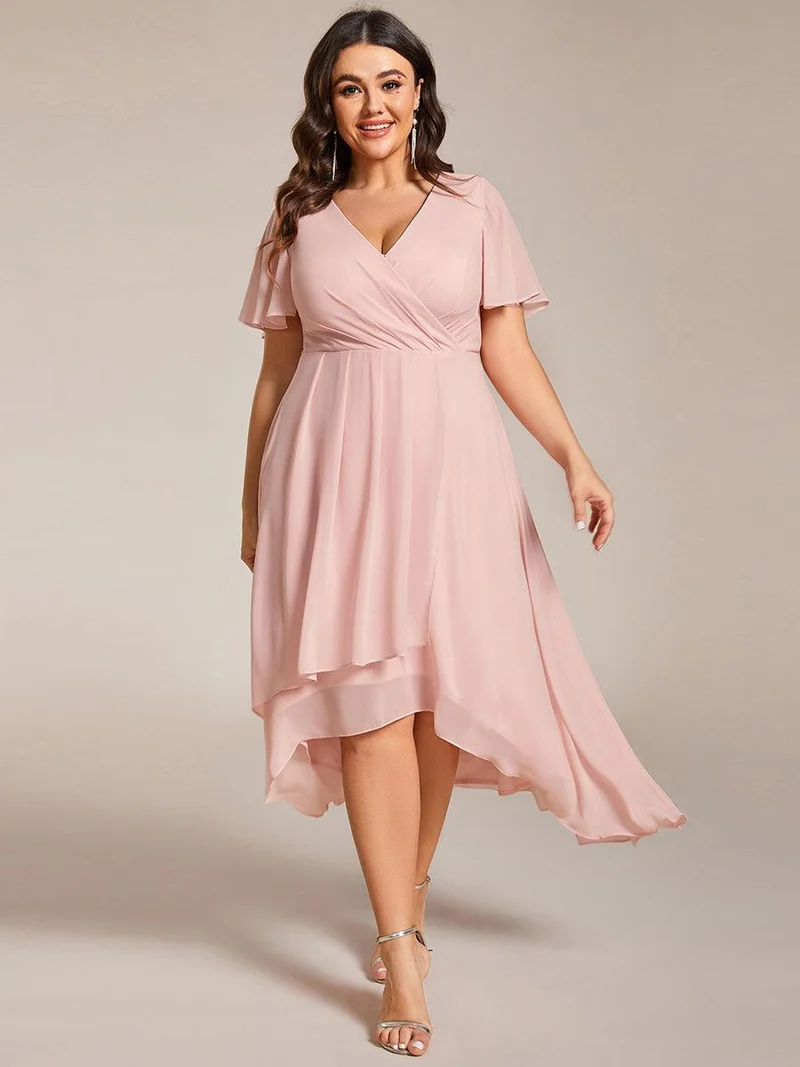pretty LARK|Grande Taille Robe Dinvit De Mariage Mi-Longue Plisse En Mousseline De Soie Manches Courtes Et Col En V De
