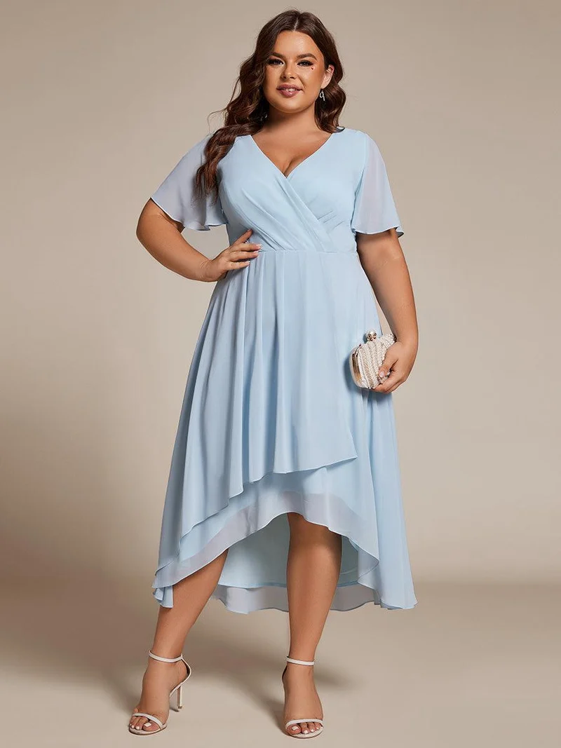 pretty LARK|Grande Taille Robe Dinvit De Mariage Mi-Longue Plisse En Mousseline De Soie Manches Courtes Et Col En V De