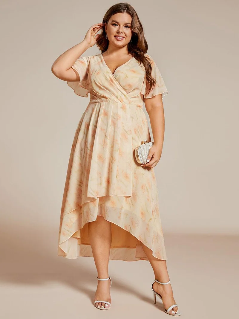 pretty LARK|Grande Taille Robe Dinvit De Mariage Mi-Longue Plisse En Mousseline De Soie Manches Courtes Et Col En V De