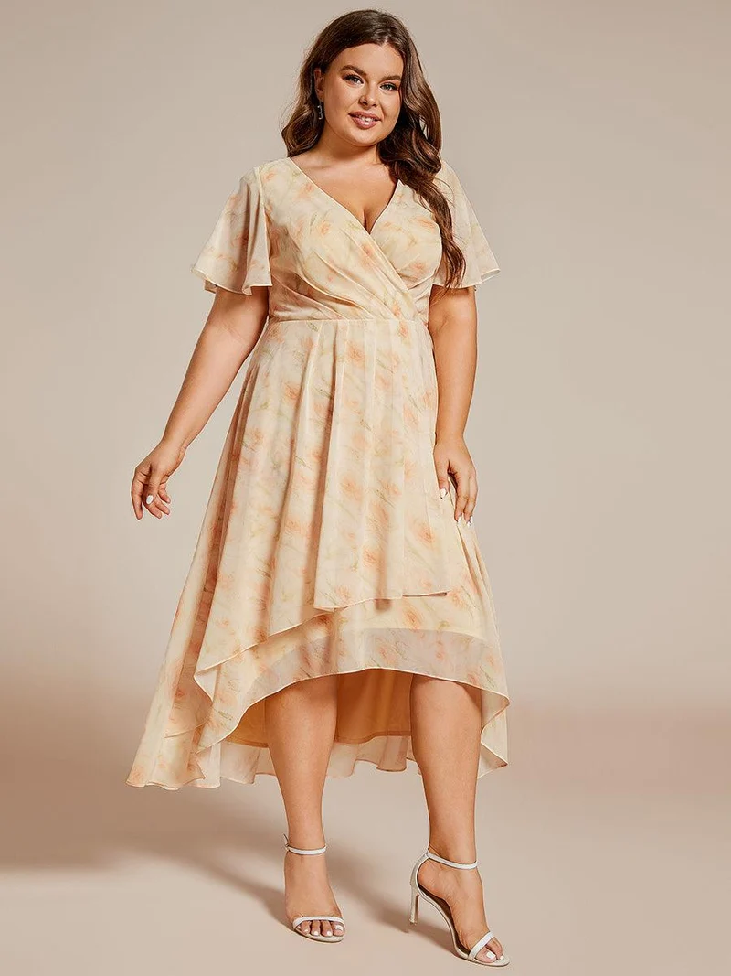 pretty LARK|Grande Taille Robe Dinvit De Mariage Mi-Longue Plisse En Mousseline De Soie Manches Courtes Et Col En V De