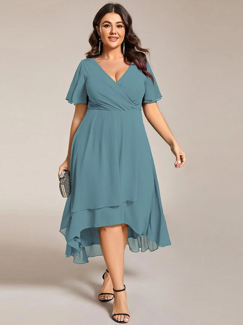 pretty LARK|Grande Taille Robe Dinvit De Mariage Mi-Longue Plisse En Mousseline De Soie Manches Courtes Et Col En V De