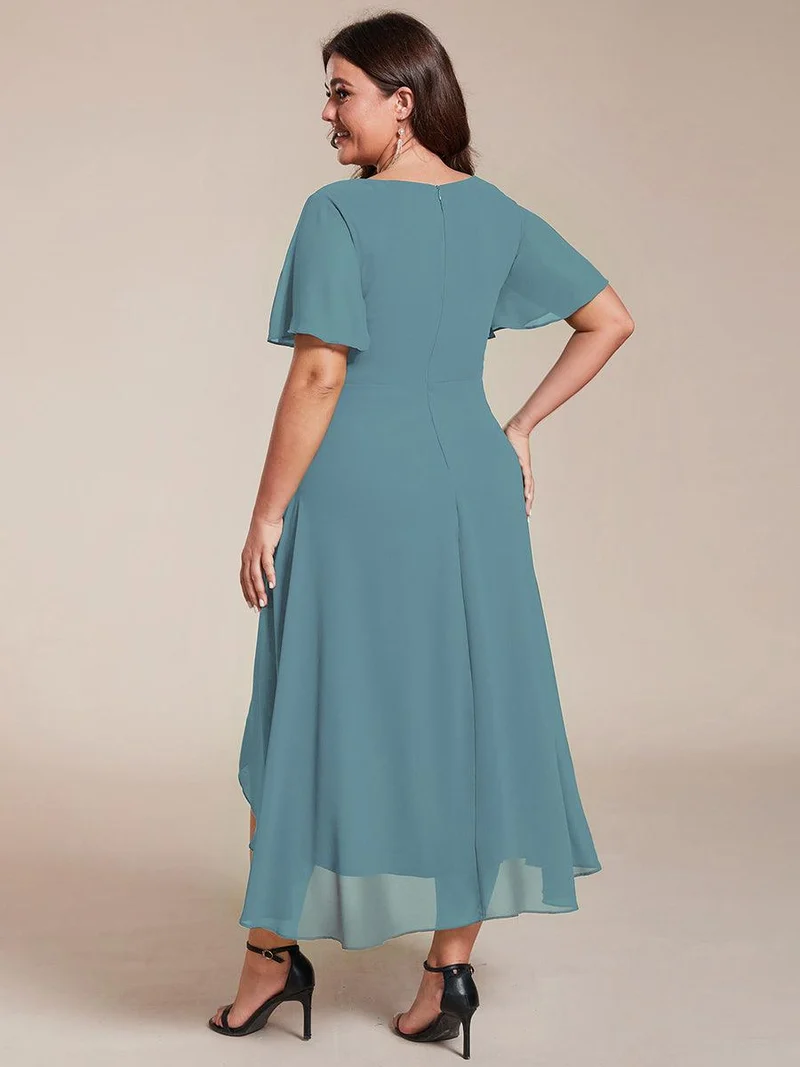 pretty LARK|Grande Taille Robe Dinvit De Mariage Mi-Longue Plisse En Mousseline De Soie Manches Courtes Et Col En V De