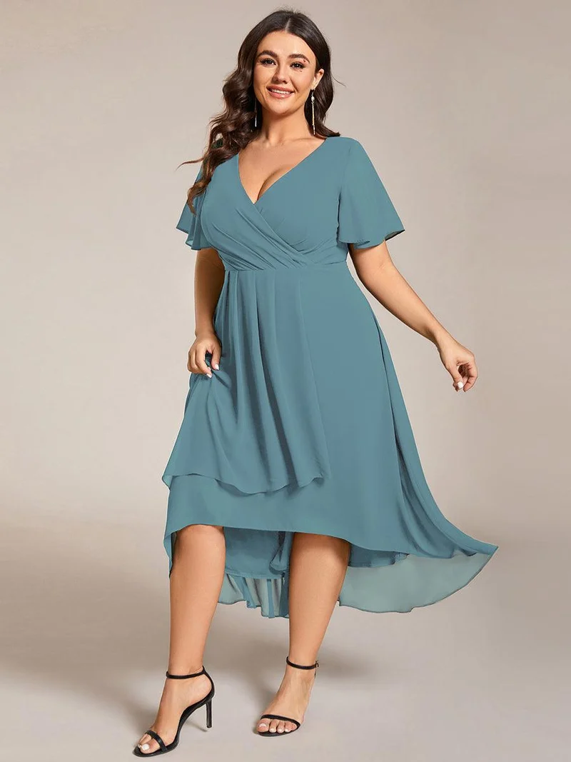 pretty LARK|Grande Taille Robe Dinvit De Mariage Mi-Longue Plisse En Mousseline De Soie Manches Courtes Et Col En V De