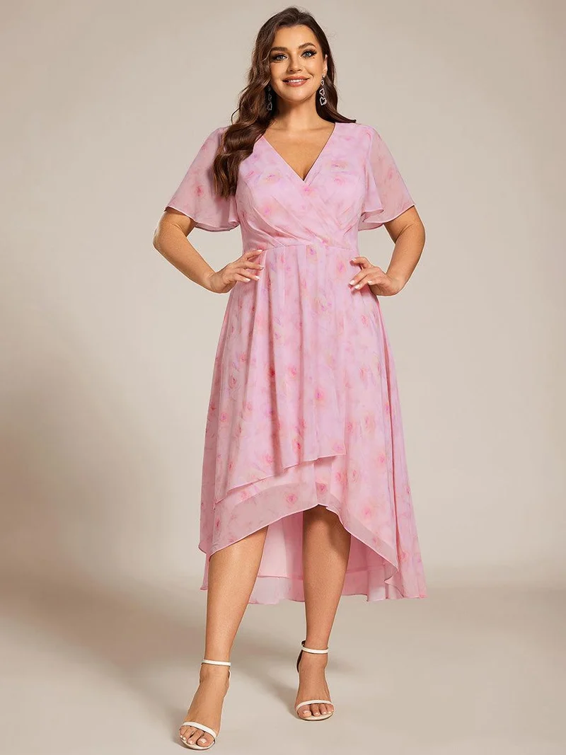 pretty LARK|Grande Taille Robe Dinvit De Mariage Mi-Longue Plisse En Mousseline De Soie Manches Courtes Et Col En V De