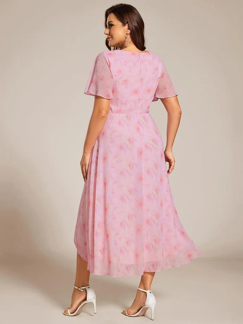 pretty LARK|Grande Taille Robe Dinvit De Mariage Mi-Longue Plisse En Mousseline De Soie Manches Courtes Et Col En V De
