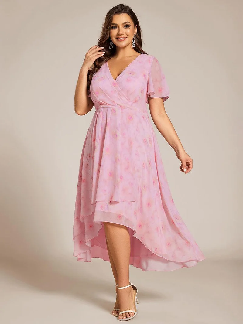 pretty LARK|Grande Taille Robe Dinvit De Mariage Mi-Longue Plisse En Mousseline De Soie Manches Courtes Et Col En V De