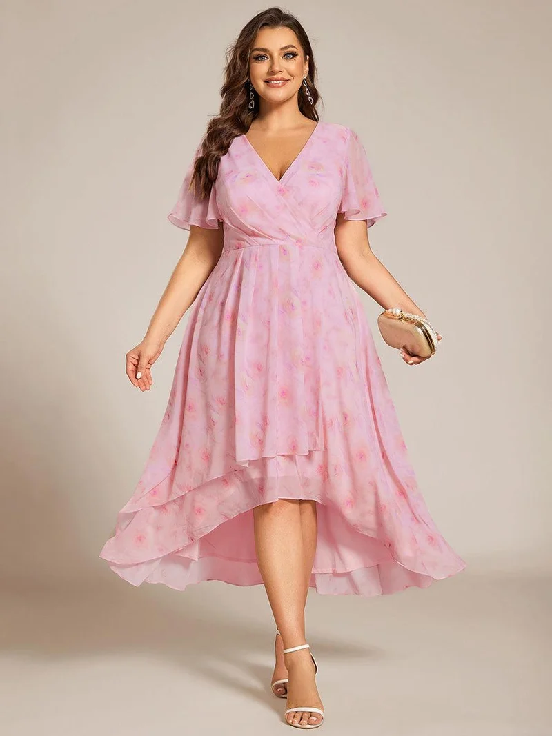 pretty LARK|Grande Taille Robe Dinvit De Mariage Mi-Longue Plisse En Mousseline De Soie Manches Courtes Et Col En V De