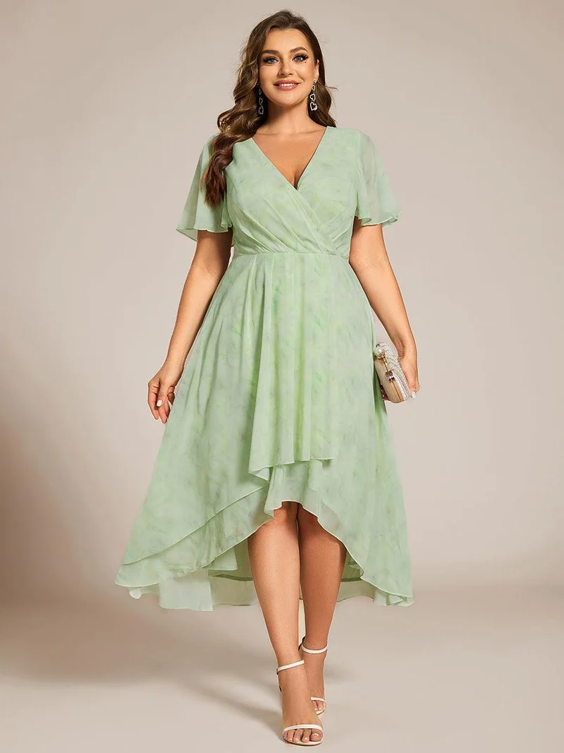 pretty LARK|Grande Taille Robe Dinvit De Mariage Mi-Longue Plisse En Mousseline De Soie Manches Courtes Et Col En V De