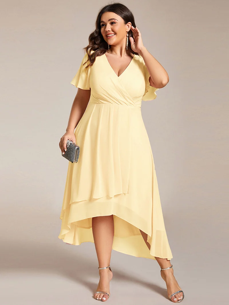 pretty LARK|Grande Taille Robe Dinvit De Mariage Mi-Longue Plisse En Mousseline De Soie Manches Courtes Et Col En V De