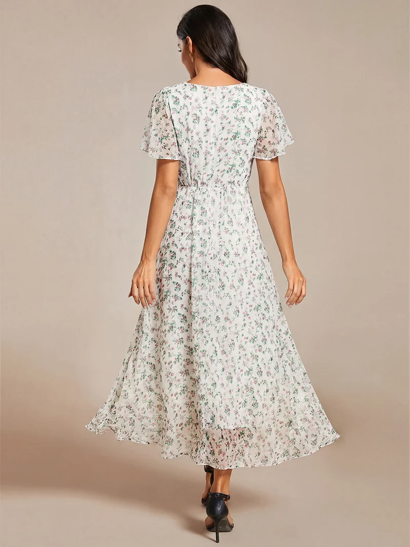 pretty LARK|Grande Taille Robe Dinvit De Mariage Mi-Longue Plisse En Mousseline De Soie Manches Courtes Et Col En V De
