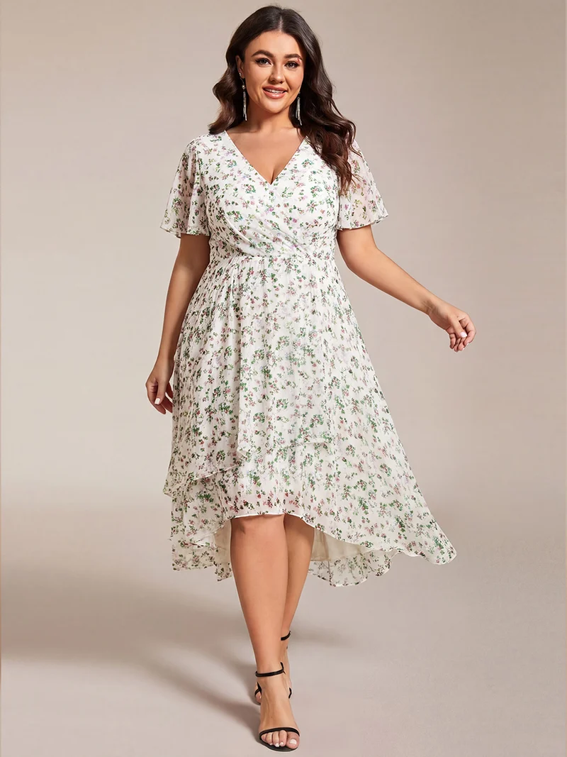 pretty LARK|Grande Taille Robe Dinvit De Mariage Mi-Longue Plisse En Mousseline De Soie Manches Courtes Et Col En V De
