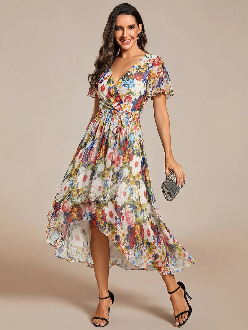pretty LARK|Grande Taille Robe Dinvit De Mariage Mi-Longue Plisse En Mousseline De Soie Manches Courtes Et Col En V De