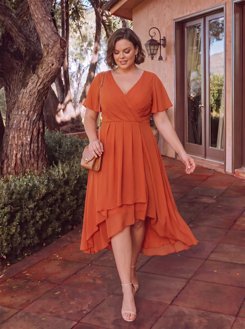pretty LARK|Grande Taille Robe Dinvit De Mariage Mi-Longue Plisse En Mousseline De Soie Manches Courtes Et Col En V De