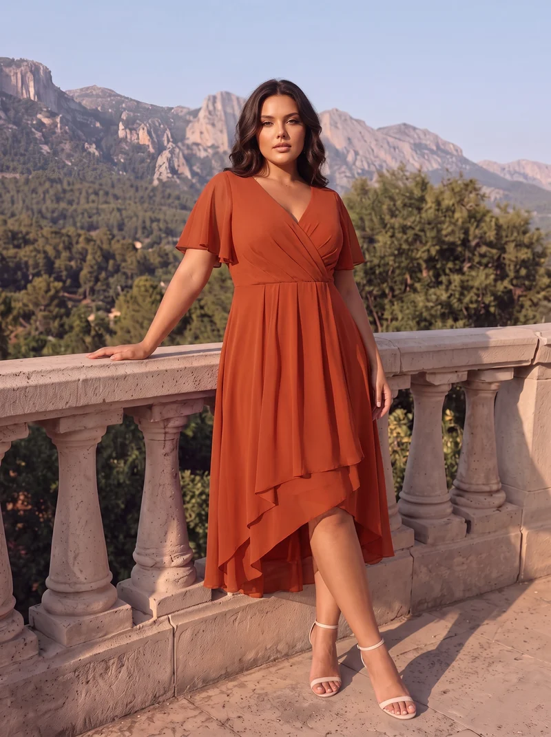 pretty LARK|Grande Taille Robe Dinvit De Mariage Mi-Longue Plisse En Mousseline De Soie Manches Courtes Et Col En V De