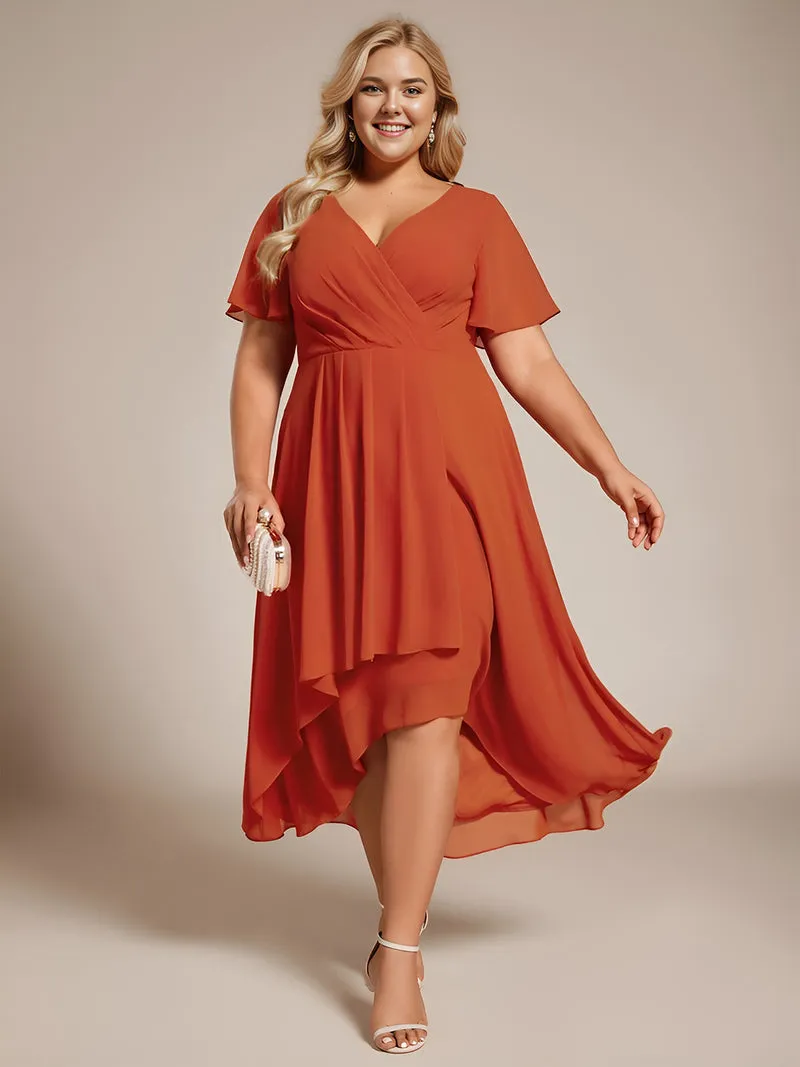 pretty LARK|Grande Taille Robe Dinvit De Mariage Mi-Longue Plisse En Mousseline De Soie Manches Courtes Et Col En V De