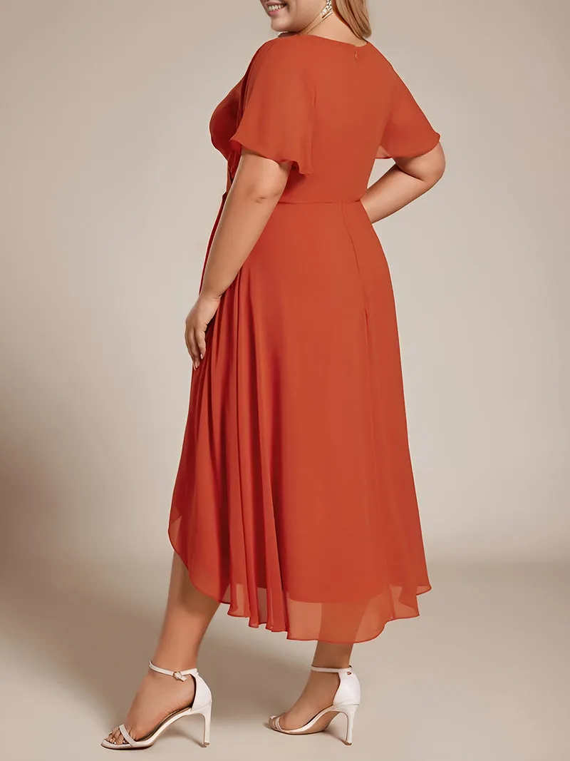 pretty LARK|Grande Taille Robe Dinvit De Mariage Mi-Longue Plisse En Mousseline De Soie Manches Courtes Et Col En V De