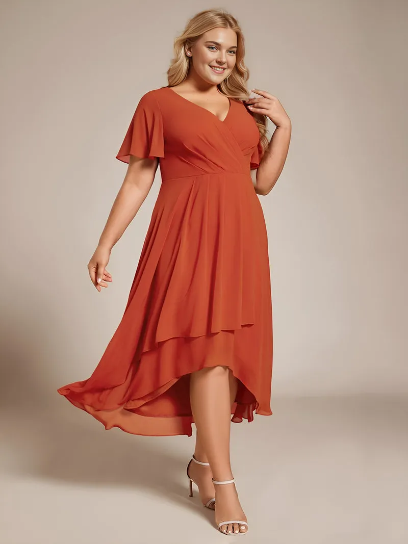 pretty LARK|Grande Taille Robe Dinvit De Mariage Mi-Longue Plisse En Mousseline De Soie Manches Courtes Et Col En V De