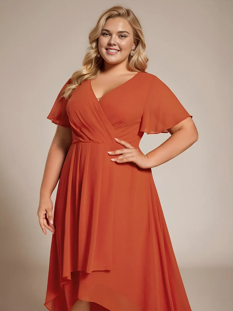pretty LARK|Grande Taille Robe Dinvit De Mariage Mi-Longue Plisse En Mousseline De Soie Manches Courtes Et Col En V De