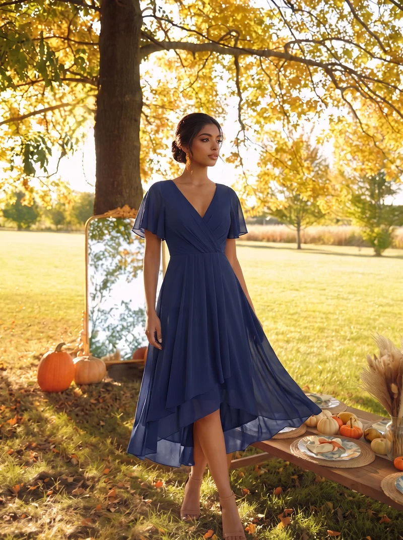 ever LARK|Robe invitée mariage plissée en mousseline avec manches volantées