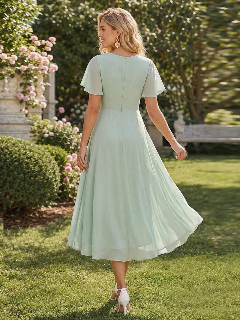 ever LARK|Robe invitée mariage plissée en mousseline avec manches volantées