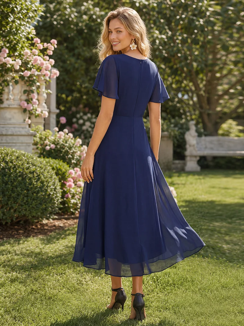 ever LARK|Robe invitée mariage plissée en mousseline avec manches volantées