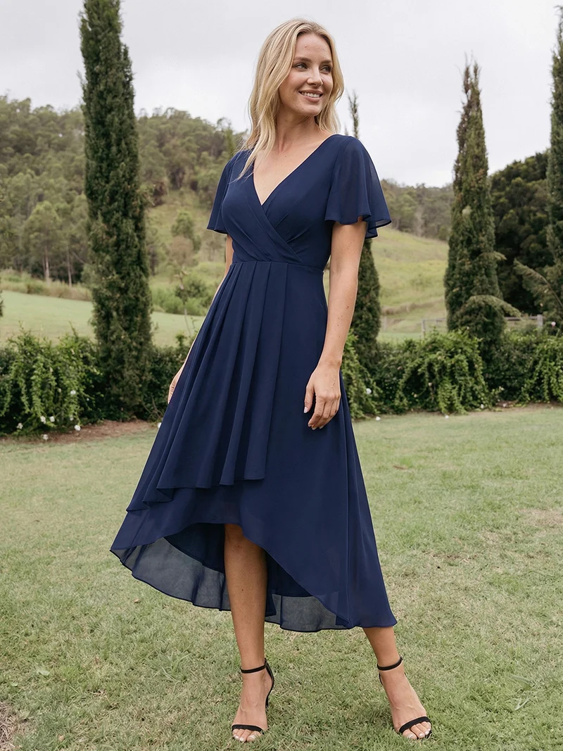 ever LARK|Robe invitée mariage plissée en mousseline avec manches volantées
