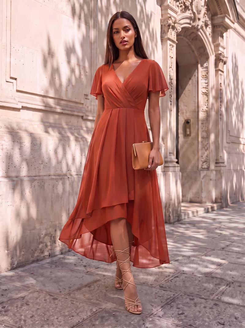 ever LARK|Robe invitée mariage plissée en mousseline avec manches volantées