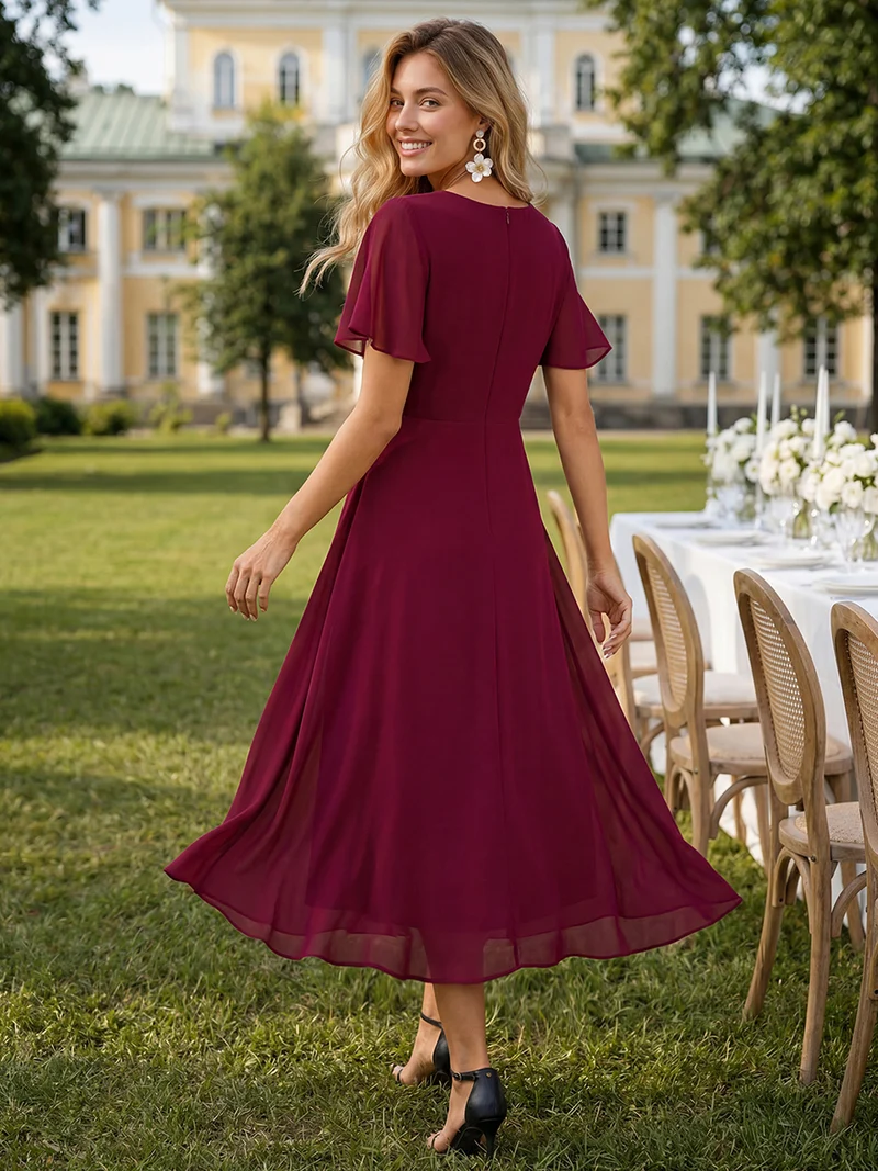 ever LARK|Robe invitée mariage plissée en mousseline avec manches volantées