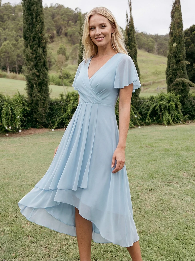 ever LARK|Robe invitée mariage plissée en mousseline avec manches volantées