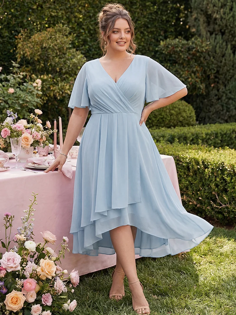 ever LARK|Robe invitée mariage plissée en mousseline avec manches volantées