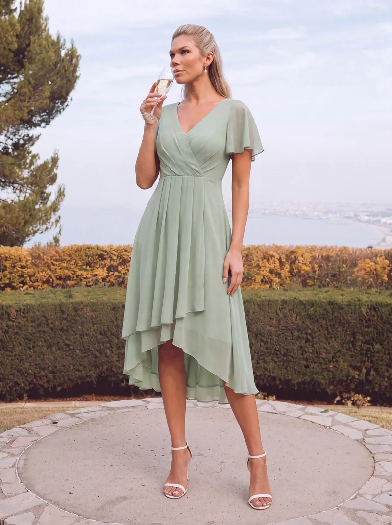 ever LARK|Robe invitée mariage plissée en mousseline avec manches volantées