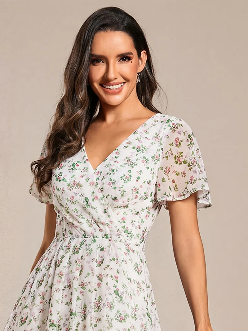 ever LARK|Robe invitée mariage plissée en mousseline avec manches volantées