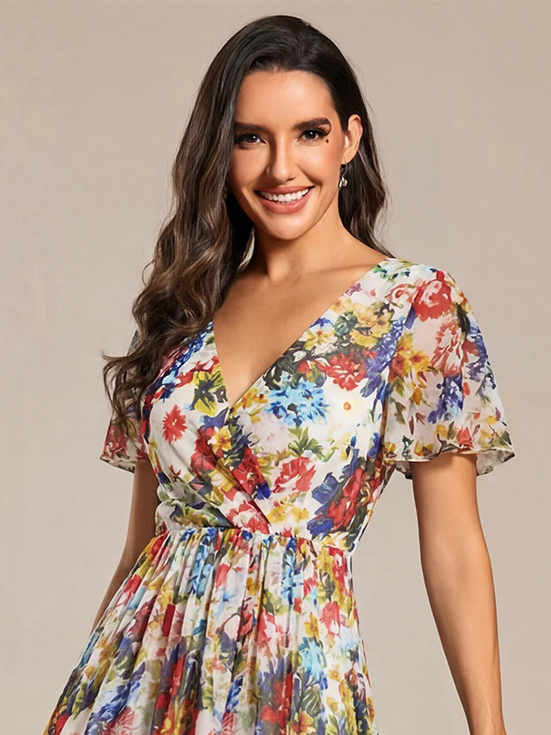 ever LARK|Robe invitée mariage plissée en mousseline avec manches volantées