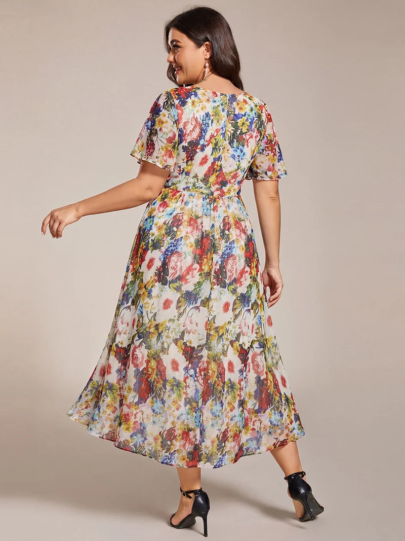 ever LARK|Robe invitée mariage plissée en mousseline avec manches volantées