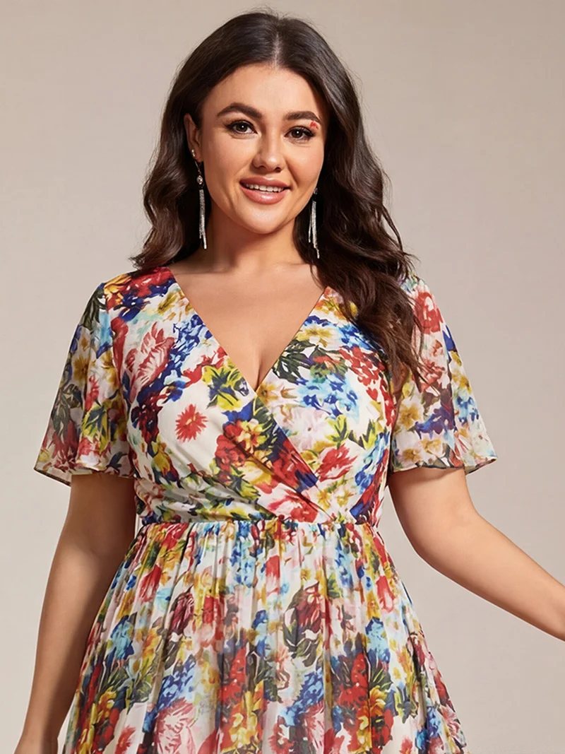 ever LARK|Robe invitée mariage plissée en mousseline avec manches volantées