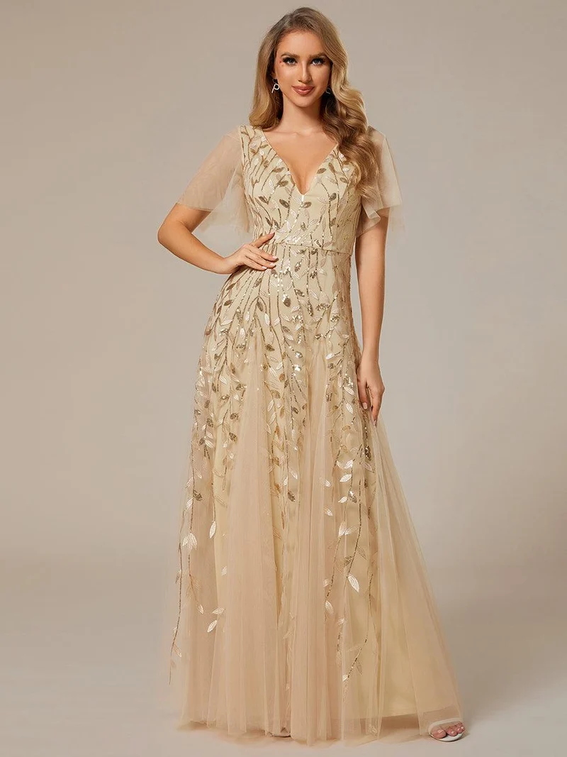 ever ASTRAL|Robe de soirée de mariage à col en V et manches à volants