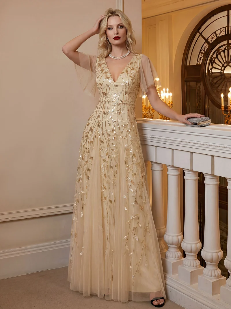 ever ASTRAL|Robe de soirée de mariage à col en V et manches à volants