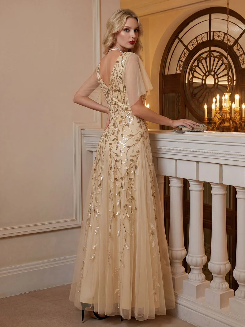 ever ASTRAL|Robe de soirée de mariage à col en V et manches à volants