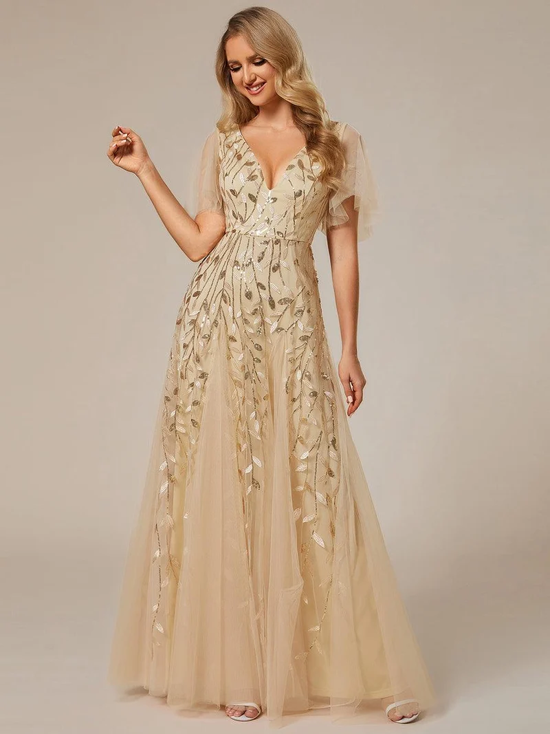 ever ASTRAL|Robe de soirée de mariage à col en V et manches à volants