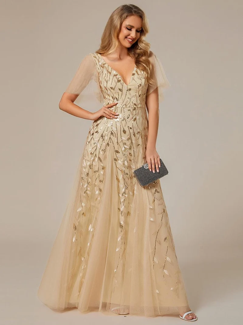 ever ASTRAL|Robe de soirée de mariage à col en V et manches à volants