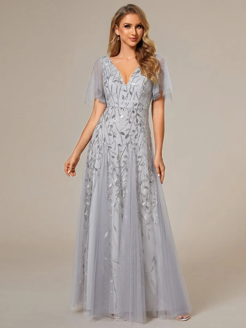 ever ASTRAL|Robe de soirée de mariage à col en V et manches à volants