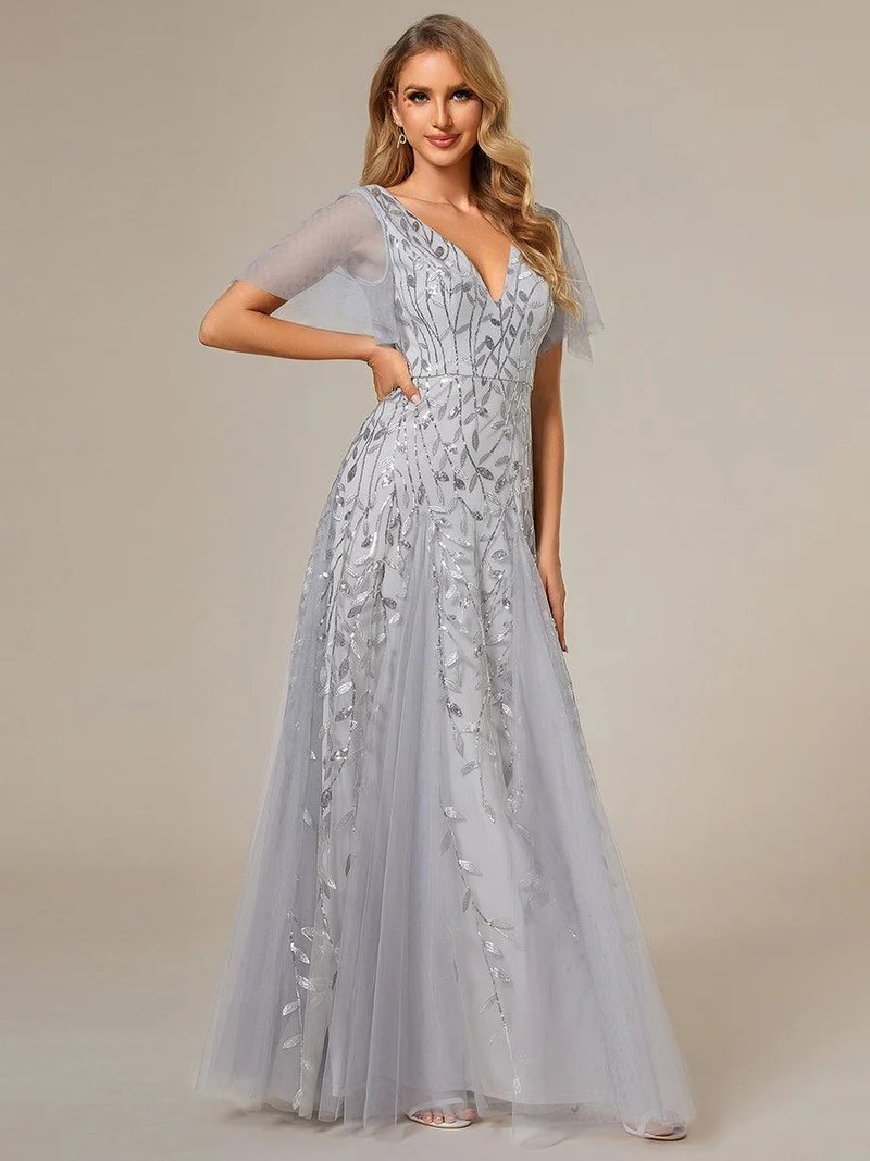 ever ASTRAL|Robe de soirée de mariage à col en V et manches à volants