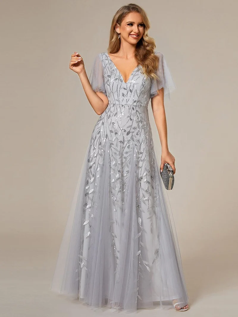 ever ASTRAL|Robe de soirée de mariage à col en V et manches à volants