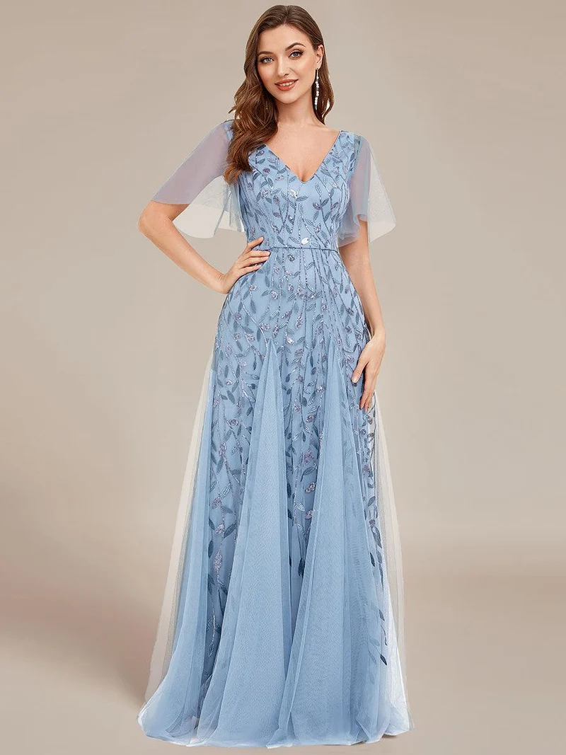ever ASTRAL|Robe de soirée de mariage à col en V et manches à volants