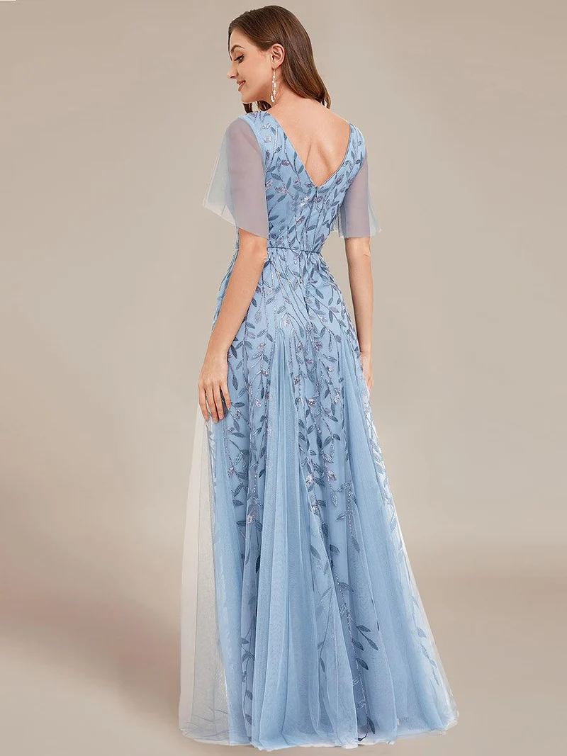 ever ASTRAL|Robe de soirée de mariage à col en V et manches à volants