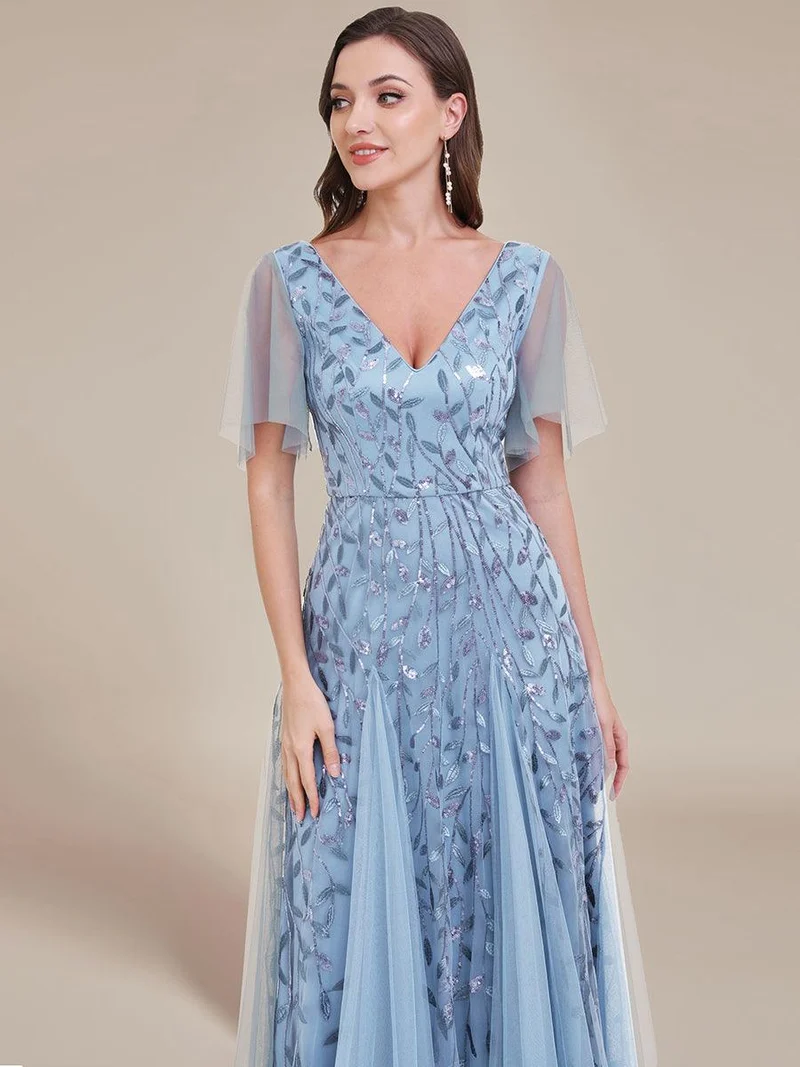 ever ASTRAL|Robe de soirée de mariage à col en V et manches à volants